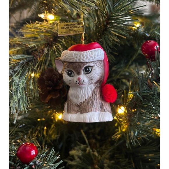Vintage Jasco Porcelain Kitty Ornament With Santa Hat & Pom Pom Red White Brown - Picture 1 of 10